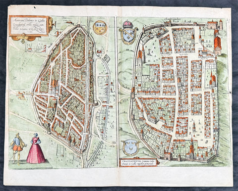 1574 Braun & Hogenberg Antique Birds Eye Views Chartres & Chateaudu Loire France