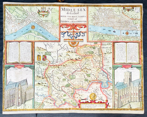 1676 John Speed Antique Map of County of Midlesex Views