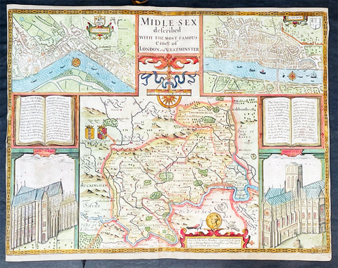 1676 John Speed Antique Map of County of Midlesex Views London & Westminster
