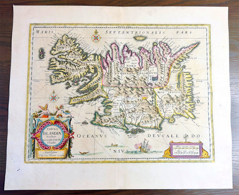 1644 Willem Blaeu Antique Map of Iceland - Beautiful Original Hand Colouring
