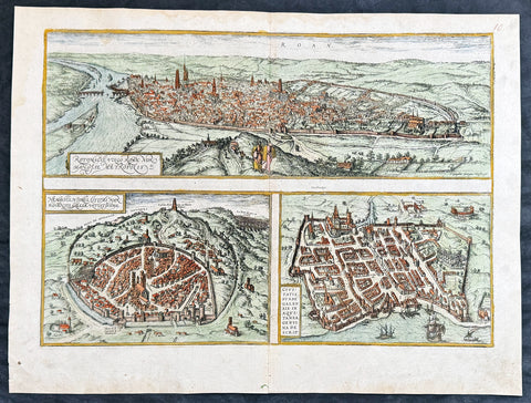 1574 Braun & Hogenberg Antique Map City Views of Rouen, Nimes & Bordeaux France