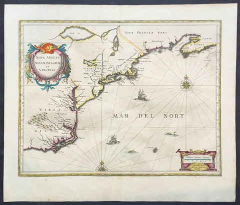1639 Jan Jansson Antique Map of North America Virginia to New York to New England