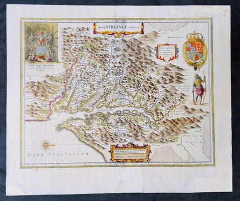 1639 Henricus Hondius & John Smith Antique Map of Virginia, America - Pocahontas