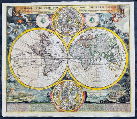 1707 Homann Rare Ist Edition Twin Hemisphere World Antique Map, California Isle.