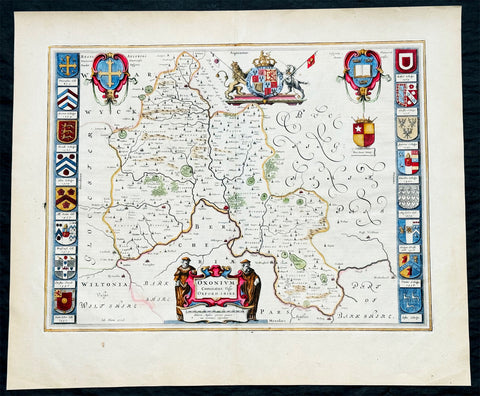 1647 Joan Blaeu Antique Map of the English County of Oxfordshire, Beautiful