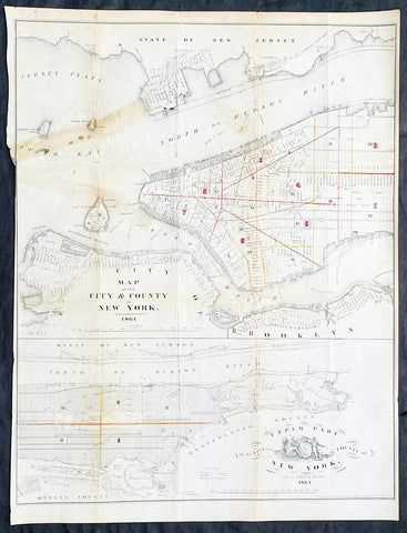 1861 D T Valentine Antique Map of New York City in two parts
