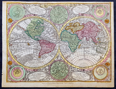1744 Georg Mattaus Seutter Antique Twin Hemisphere World Map, California as Island