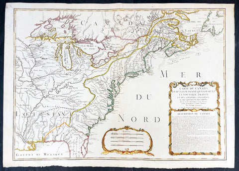 1756 J B Nolin Large Rare Antique Map of North America, Great Lakes, French Indian War (1754-63)