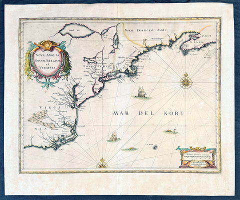 1639 Jan Jansson Antique Map of North America Virginia to New York to New England