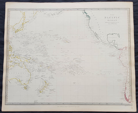 1840 SDUK Antique Map of The Pacific Ocean, North America, Japan, Australia, New Zealand