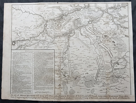 1745 Tindal Large Original Antique Map Battle Plan of Denain, France in 1712