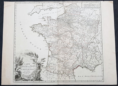 1758 Robert De Vaugondy Large Antique Map of France and Postal Roads