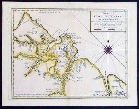 1753 Bellin Antique Map of The Island of Cayenne French Guyana, South America