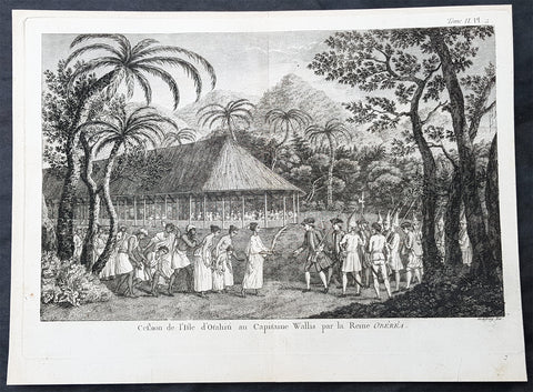1774 Hawkesworth Antique Print Queen Purea Surrender to Capt Wallis Tahiti, 1767