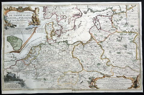1700 De Fer Large Antique Map Northern Europe, Latvia, Lithuania, Poland, Baltic