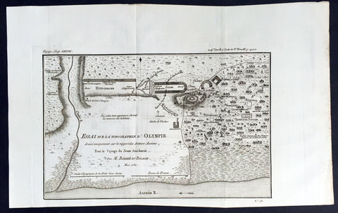 1780 Du Bocage Large Antique Map Plan of Olympia, Greece
