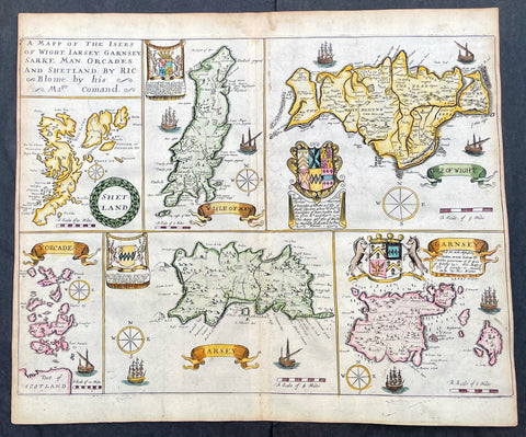 1673 Blome Antique Map Islands of Great Britain - Shetlands, Man, Wight, Channel