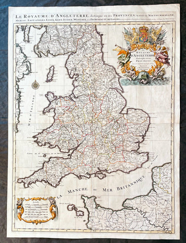 1693 Alexis Hubert Jaillot Large 1st Edition Antique Map of England & Wales