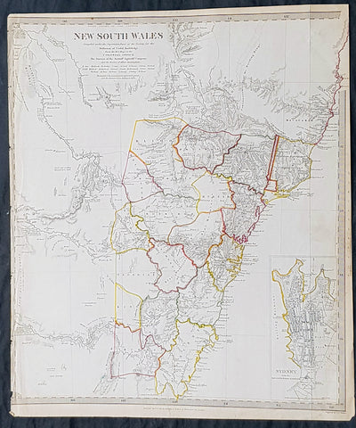 1833 SDUK Antique Map of New South Wales, Australia with inset plan of Sydney