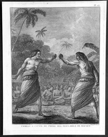 1785 Capt. Cook Antique Print Boxing Match on Ha'apai Isle Tonga Islands in 1777