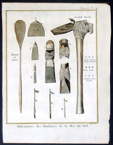 1778 Capt Cook Antique Print of Tools Axes, Scrapers, Paddles South Sea Islands