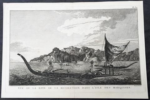 1778 Capt Cook Antique Print of Vaitahu Bay Tahuata Isle, Marquesas Islands 1774