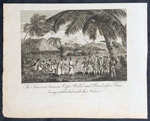 1787 Bankes Antique Print Capt. Wallis making peace with Queen Purea of Tahiti in 1767