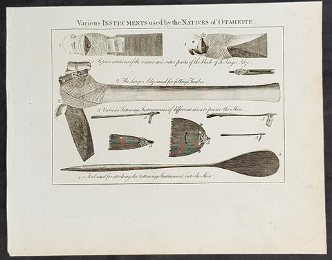 1787 Bankes Antique Print Tools Axe, Tattoo Needle, Scrapers, Tahiti - Cook 1769