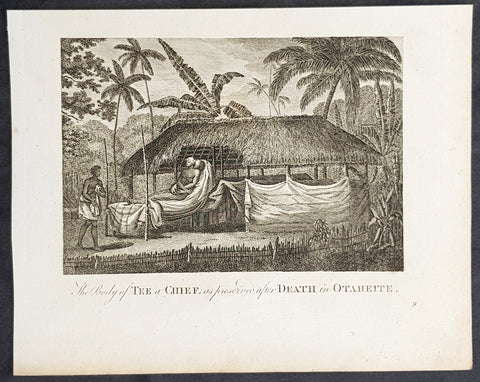 1787 Bankes Antique Print of Mummified Chief Tu of Tahiti During Cooks 3rd Voyage 1777