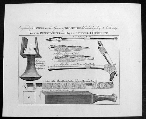 1787 Bankes Antique Print Tahitian Tools, Instruments & Flute - Capt Cook 1769