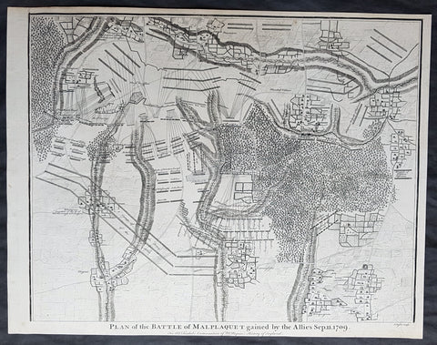 1745 Nicolas Tindal Original Antique Map Battle of Malplaquet, Northern France in 1709