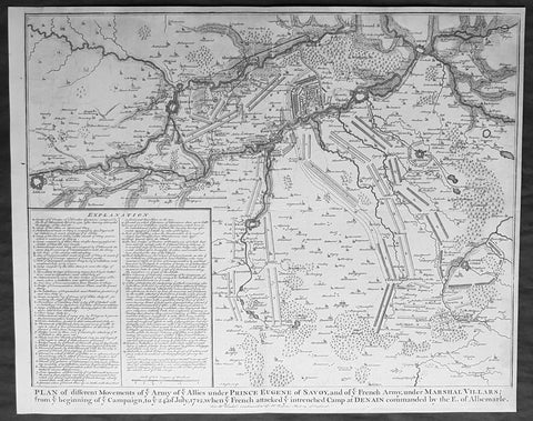 1745 Nicolas Tindal Original Antique Map Battle Plan of Denain, France in 1712