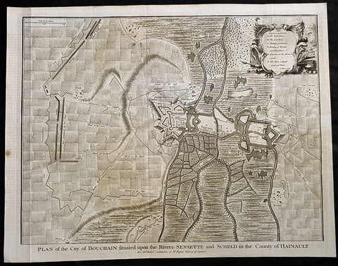 1745 Tindal Antique Map Battle Plan of Siege of Bouchain, Calais, France in 1711
