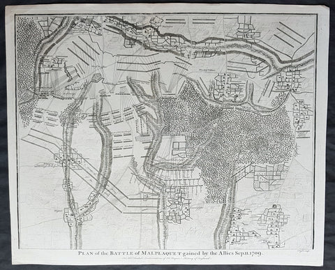 1745 Nicolas Tindal Original Antique Map Battle of Malplaquet, Northern France in 1709