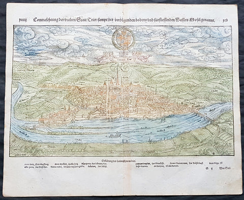 1574 Sebastian Munster Antique Map - City View of Trier, Rhineland-Palatinate, Germany