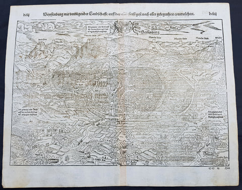 1574 Sebastian Munster Antique Map Birds Eye View of Weissenburg Bavaria Germany