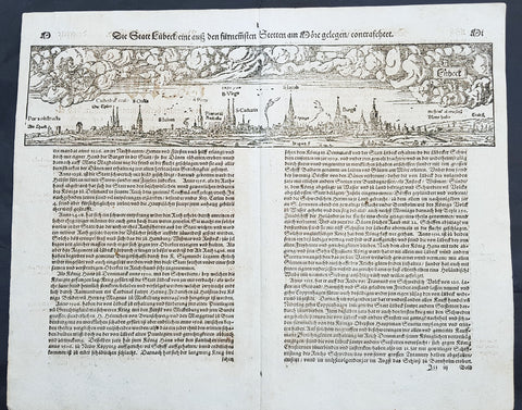 1574 Sebastian Munster Antique Map Birds Eye View of the City of Lubeck, Germany