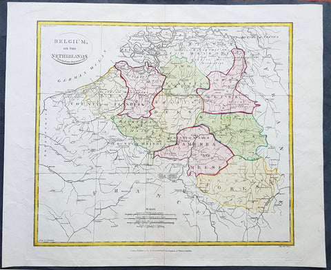 1808 Samuel Neele Large Antique Map of Belgium & Southern Netherlands