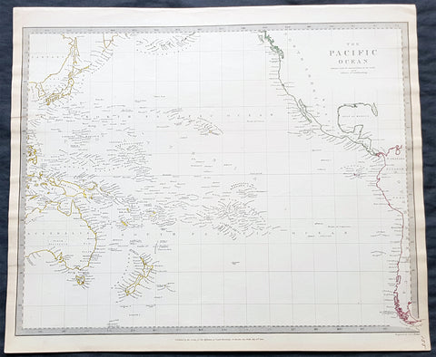 1840 SDUK Antique Map of The Pacific Ocean, North America, Japan, Australia, New Zealand