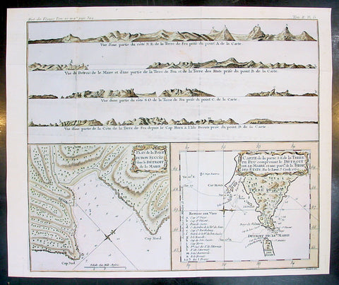 1770 Bellin Antique Map & Views Tierra del Fuego Magellan Straits, South America