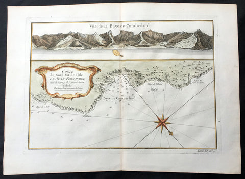 1755 Bellin Antique Map Cumberland Bay Juan Fernandez Is Chile Selkirk & Crusoe