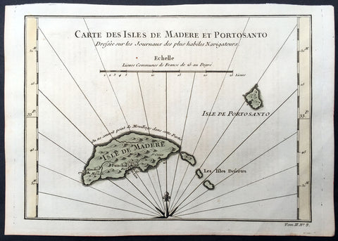 1757 Bellin Antique Map of Madeira & Porto Santo Islands, Madeira Arc. Portugal