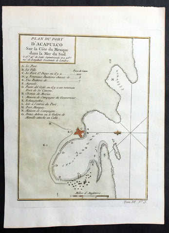 1752 Bellin Original Antique Map of Coastal City & Region of Acapulco, Mexico