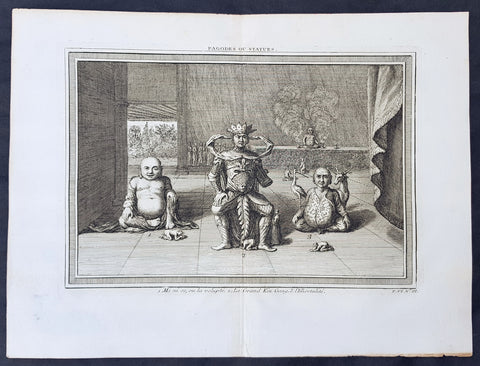 1750 Prevost Original Antique Print of 3 Statues or Deities in a Chinese Pagoda