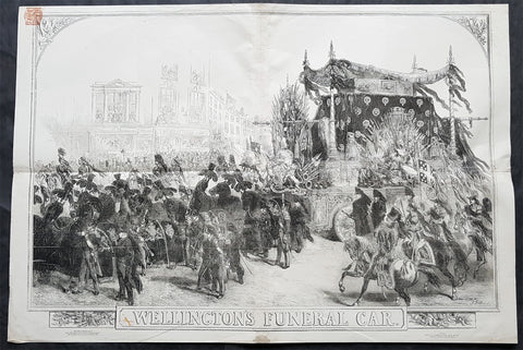 1852 ILN & J. Gilbert Large Antique Print of The Duke of Wellingtons Funeral Car