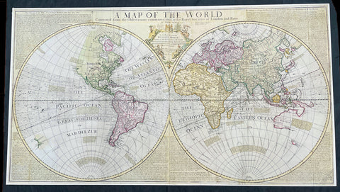 1725 John Senex Large Twin Hemisphere World Antique Map Isaac Newton & Ed Halley