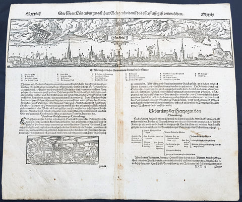 1598 Sebastian Munster Antique Map Birds Eye View of Luneburg Hamburg, Germany