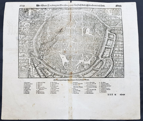 1598 Sebastian Munster Antique Map View of Freiberg, Saxony Southern Germany