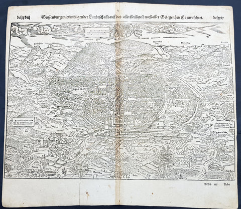 1598 Sebastian Munster Antique Map Birds Eye View of Weissenburg Bavaria Germany