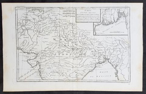 1780 R. Bonne Original Antique Map of Mogul Empire, India, Tibet, Tibet & Ganges